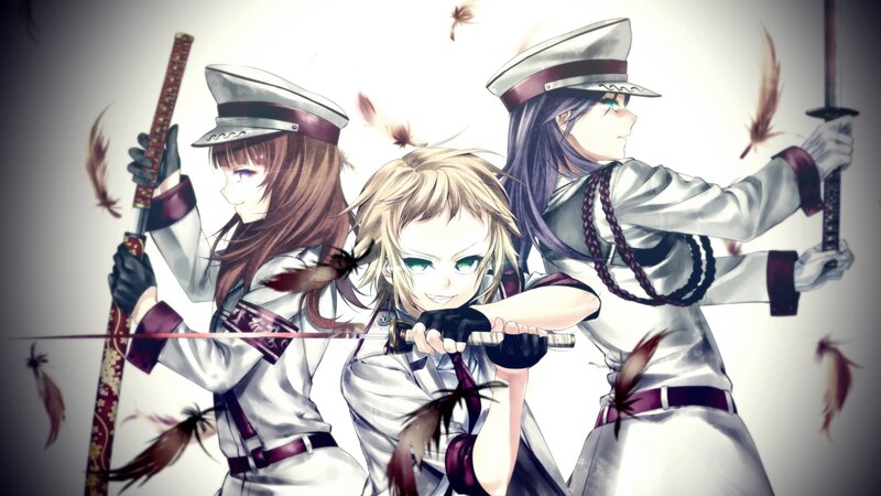 Three Anime Girls with Swords — White, Dramatic