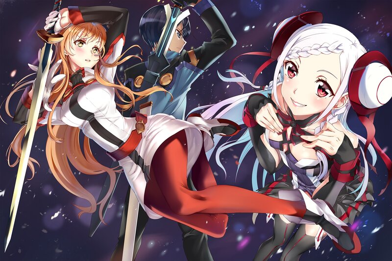 Three Anime Girls with Swords — White, Dynamic