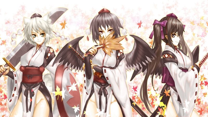 Three Anime Girls with Swords — White