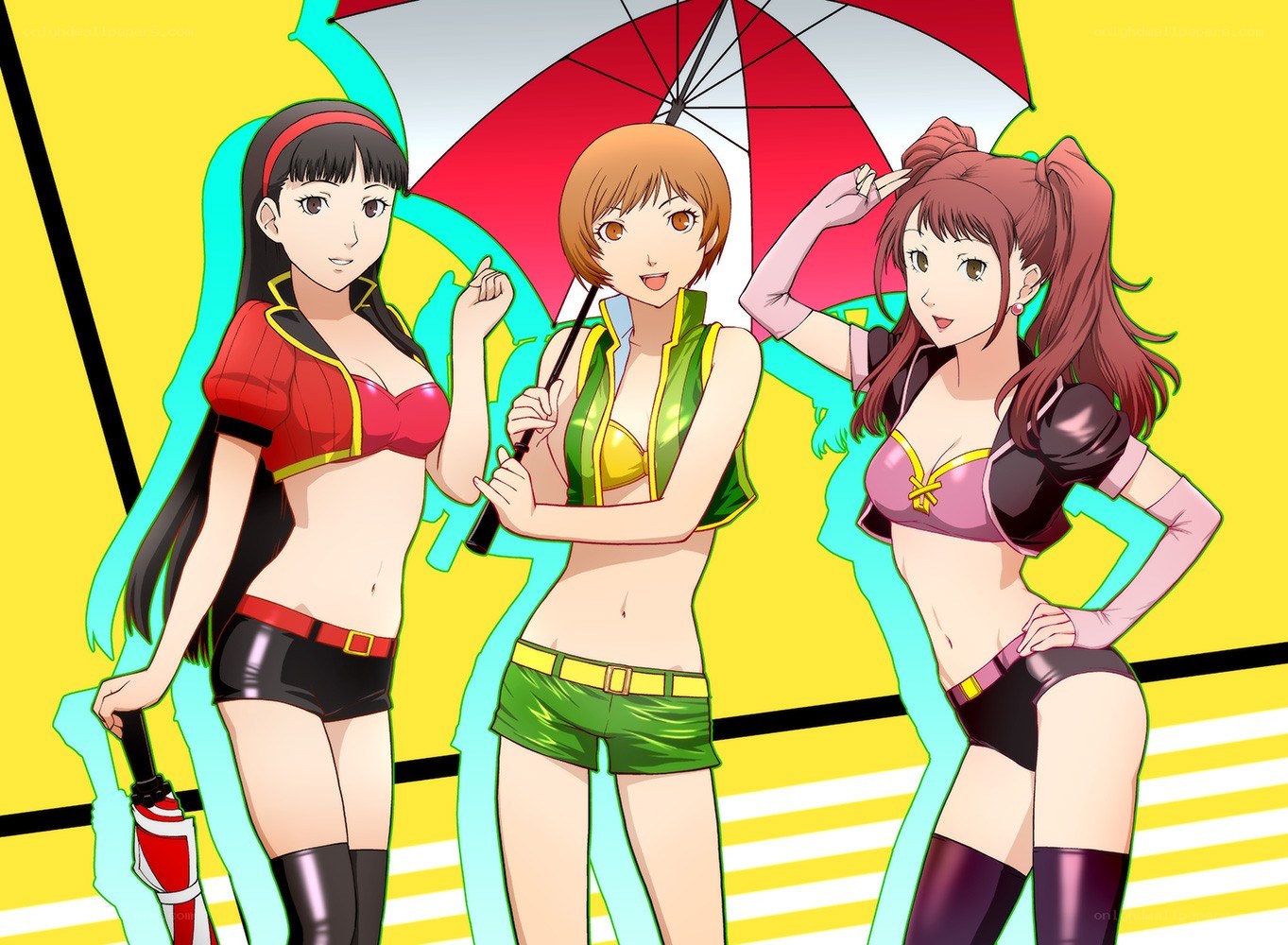 Three anime girls with umbrellas