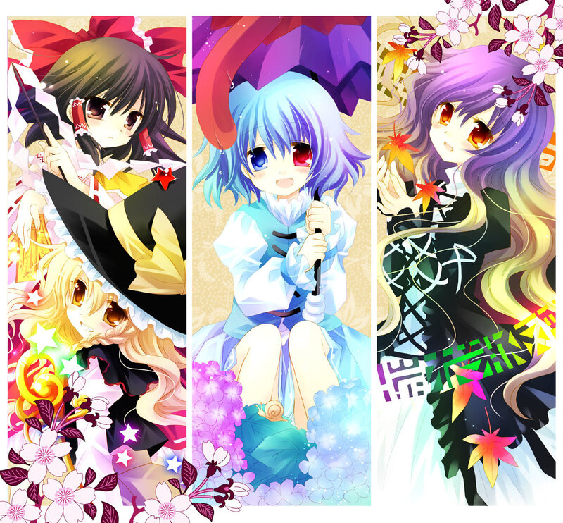 Three anime girls with umbrellas
