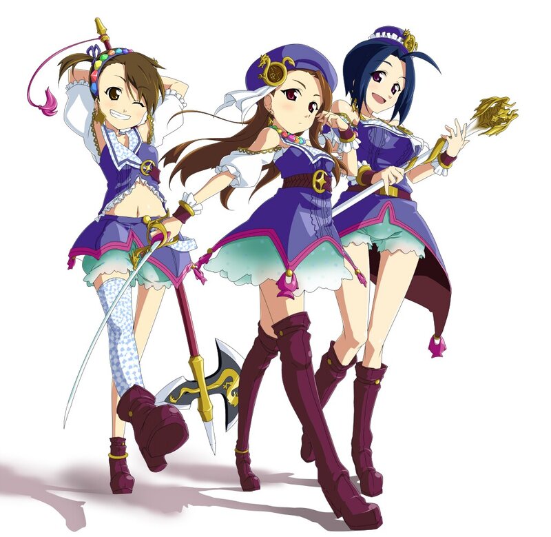 three anime girls with weapons