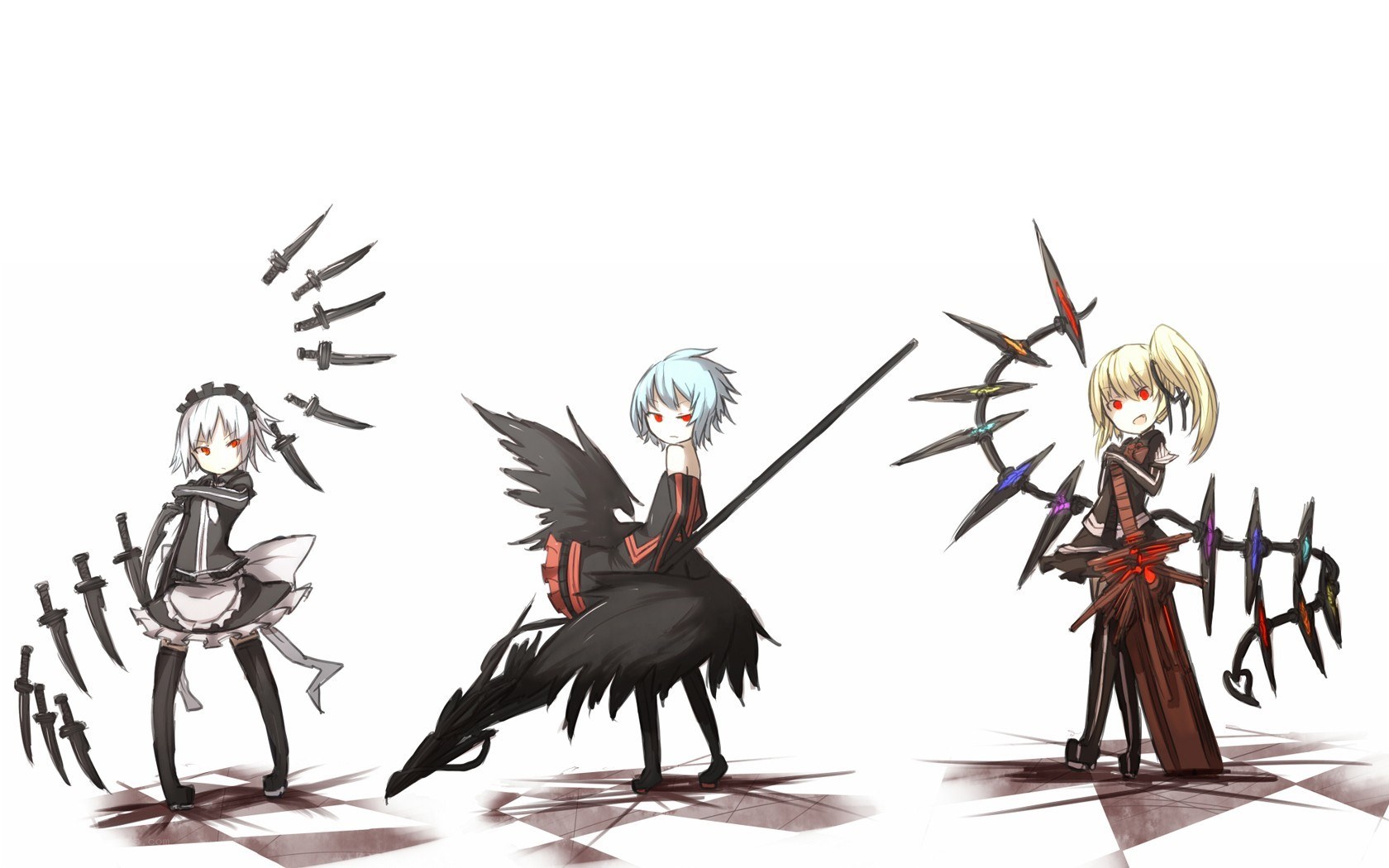 Three anime girls with weapons