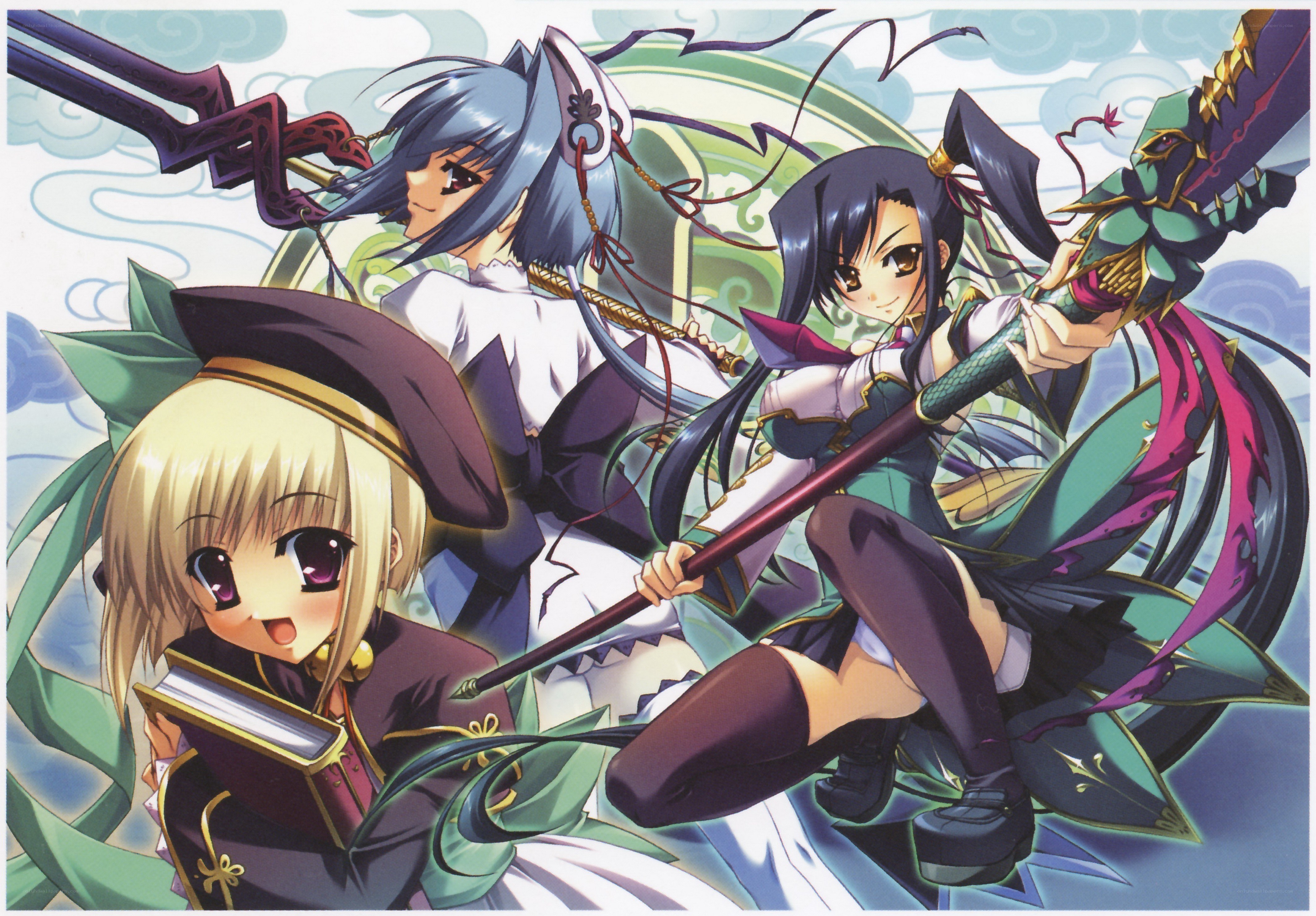 Three anime girls with weapons