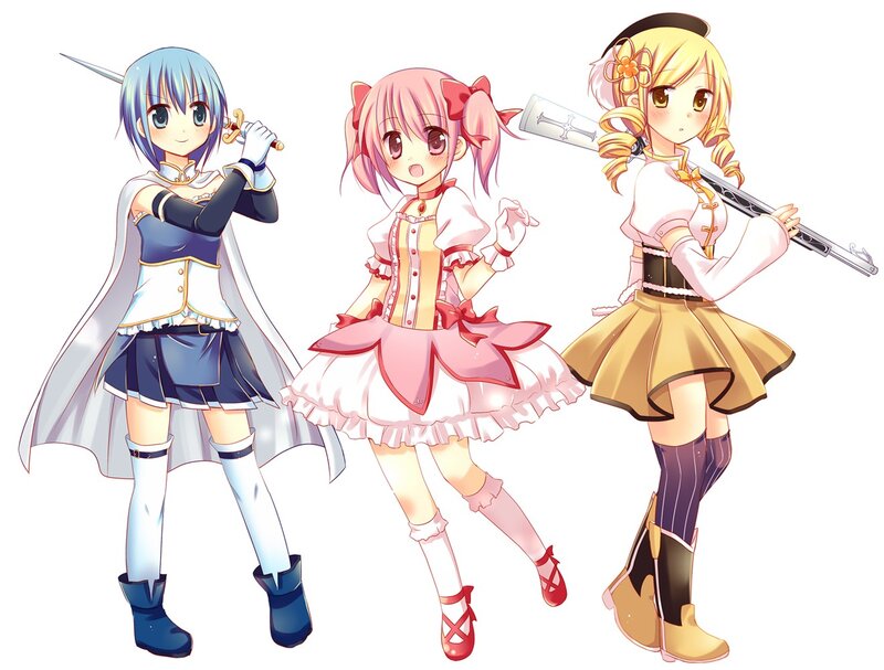 three anime girls with weapons