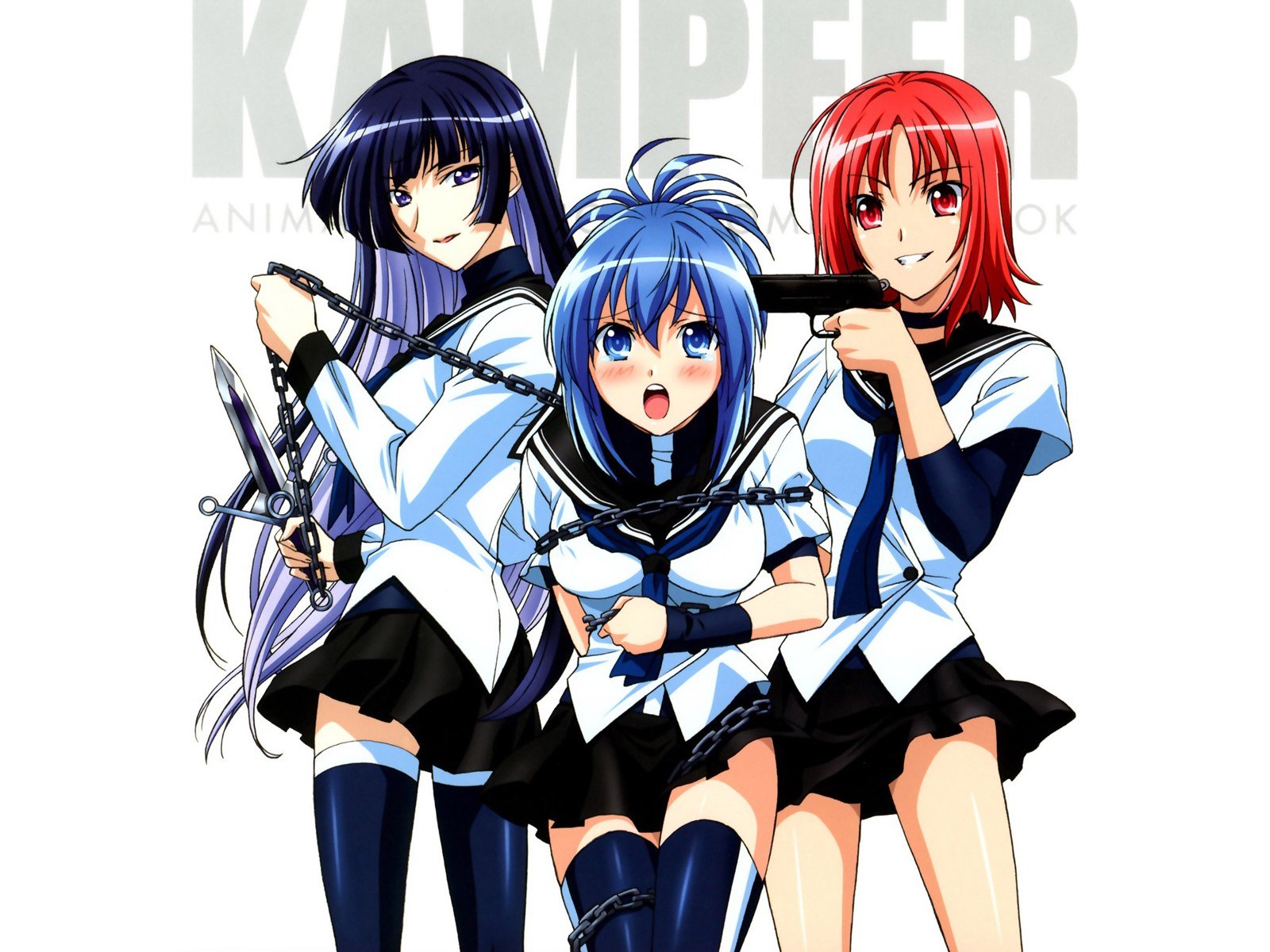 Three anime girls with weapons