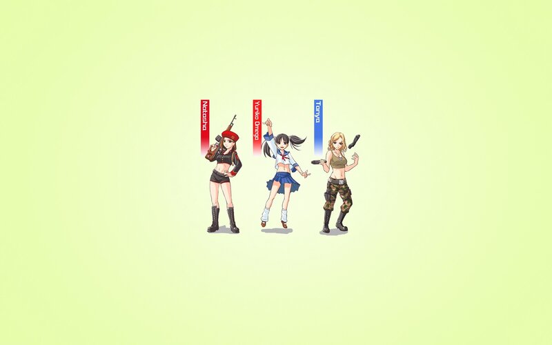 Three anime girls with weapons
