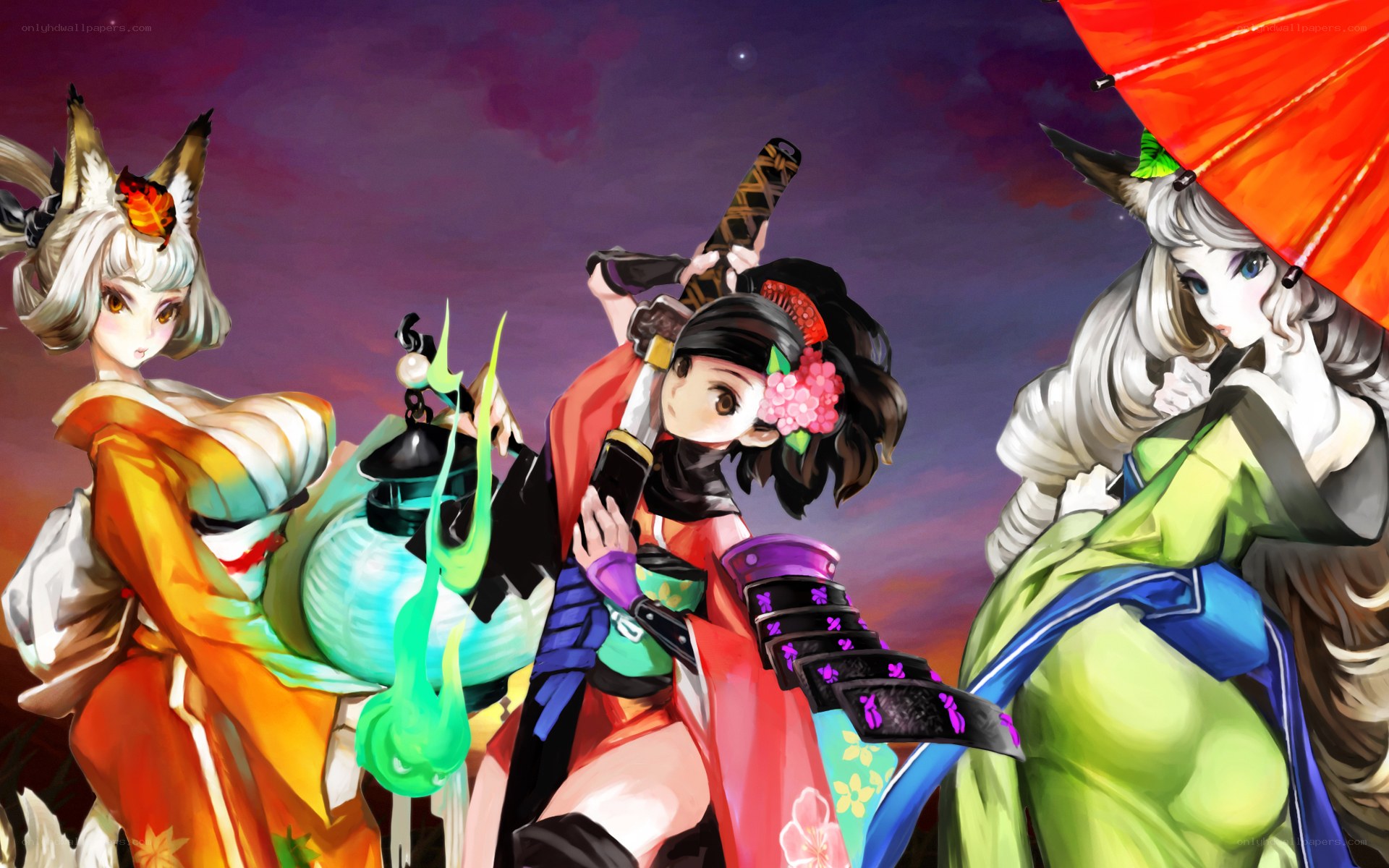 Three anime girls with weapons