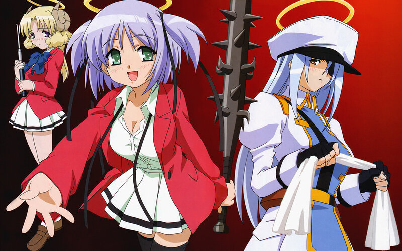 Three anime girls with weapons