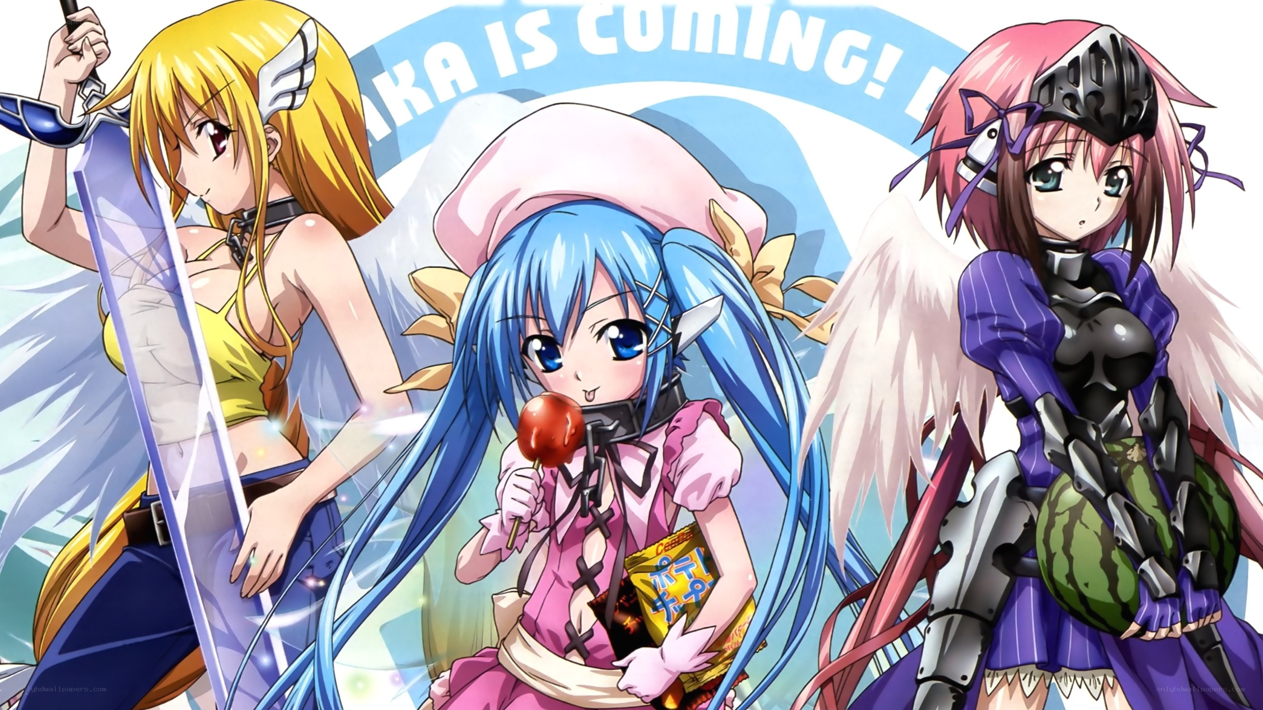 three anime girls with weapons