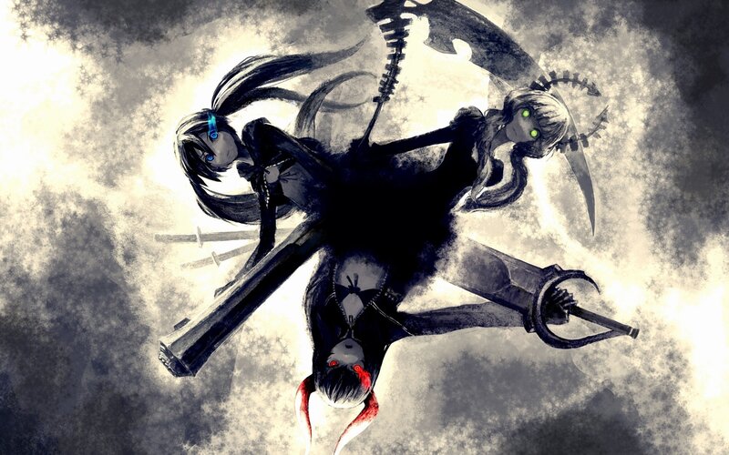 Three Anime Girls with Weapons — Black, Dramatic, Dark