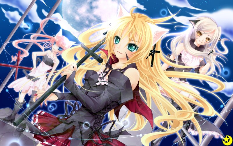 Three Anime Girls with Weapons — Blue, Dramatic, Night