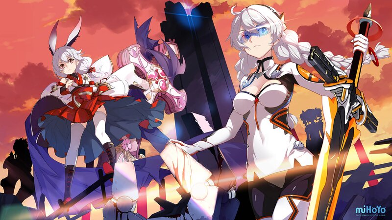 Three Anime Girls with Weapons — Orange, Dramatic