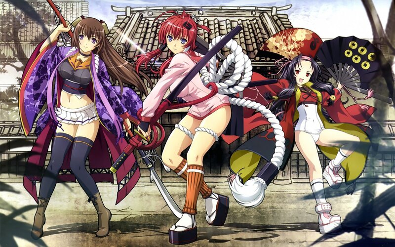 Three Anime Girls with Weapons — Red, Action, Afternoon