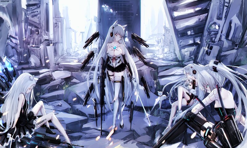 Three Anime Girls with Weapons — White, Dramatic
