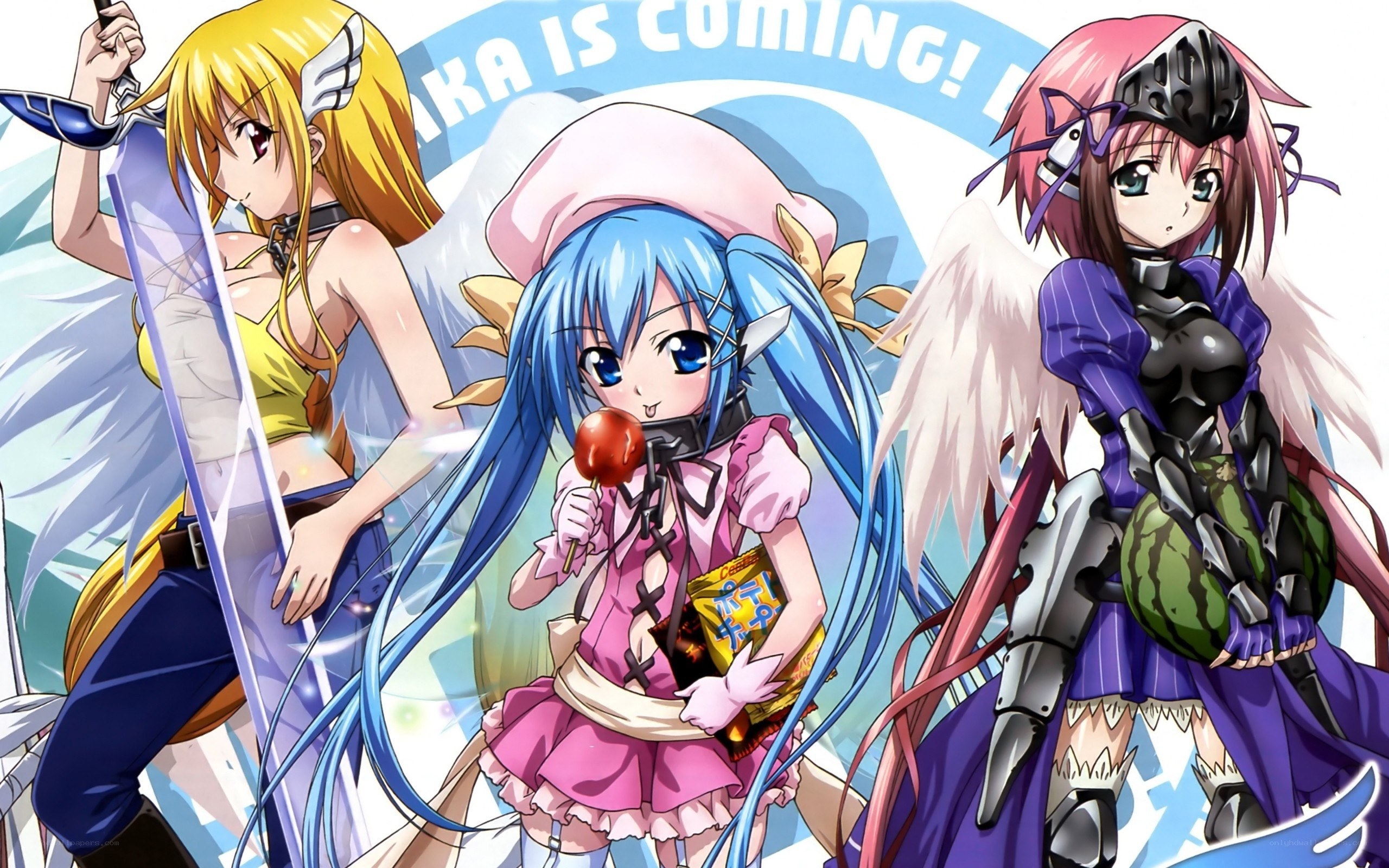 Three anime girls with weapons