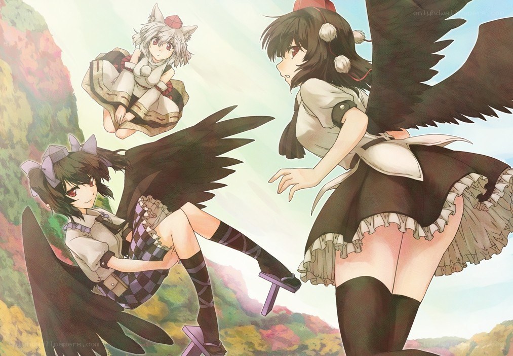 Three anime girls with wings