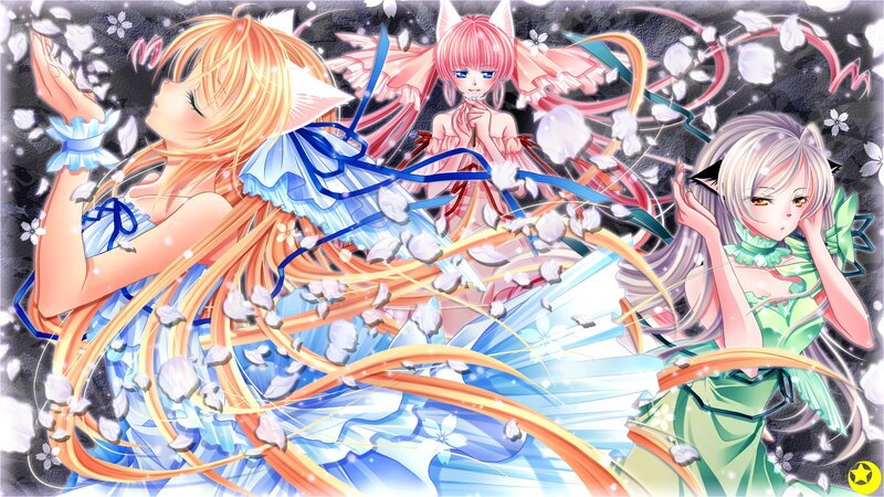 Three Anime Girls with Wings — Blue, Dreamy, Night, Flowers
