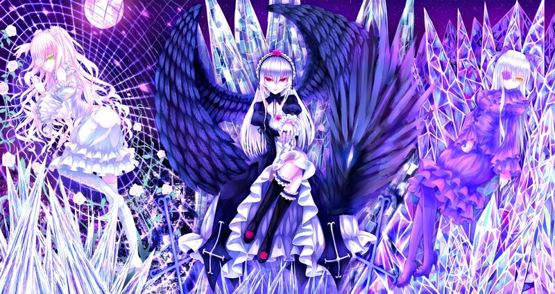 Three Anime Girls with Wings — Purple, Dramatic, Night