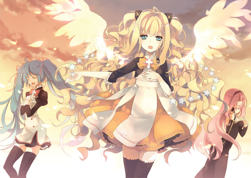 Three Anime Girls with Wings — Yellow, Dramatic