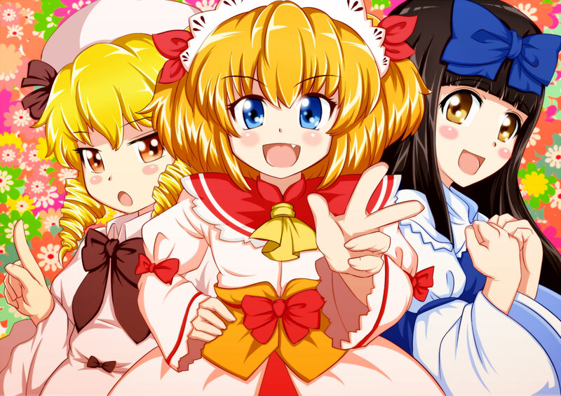 Three Anime Girls — Yellow, Cheerful, Flowers