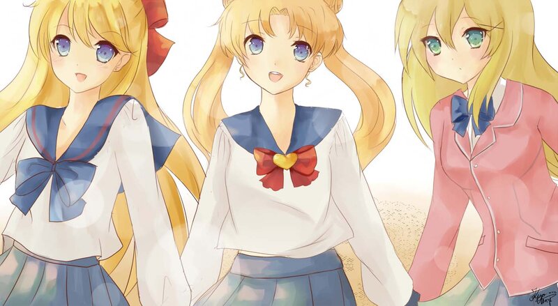 Three Anime Girls — Yellow, Cheerful, School Uniforms
