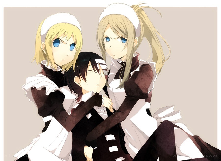 three anime maids hugging