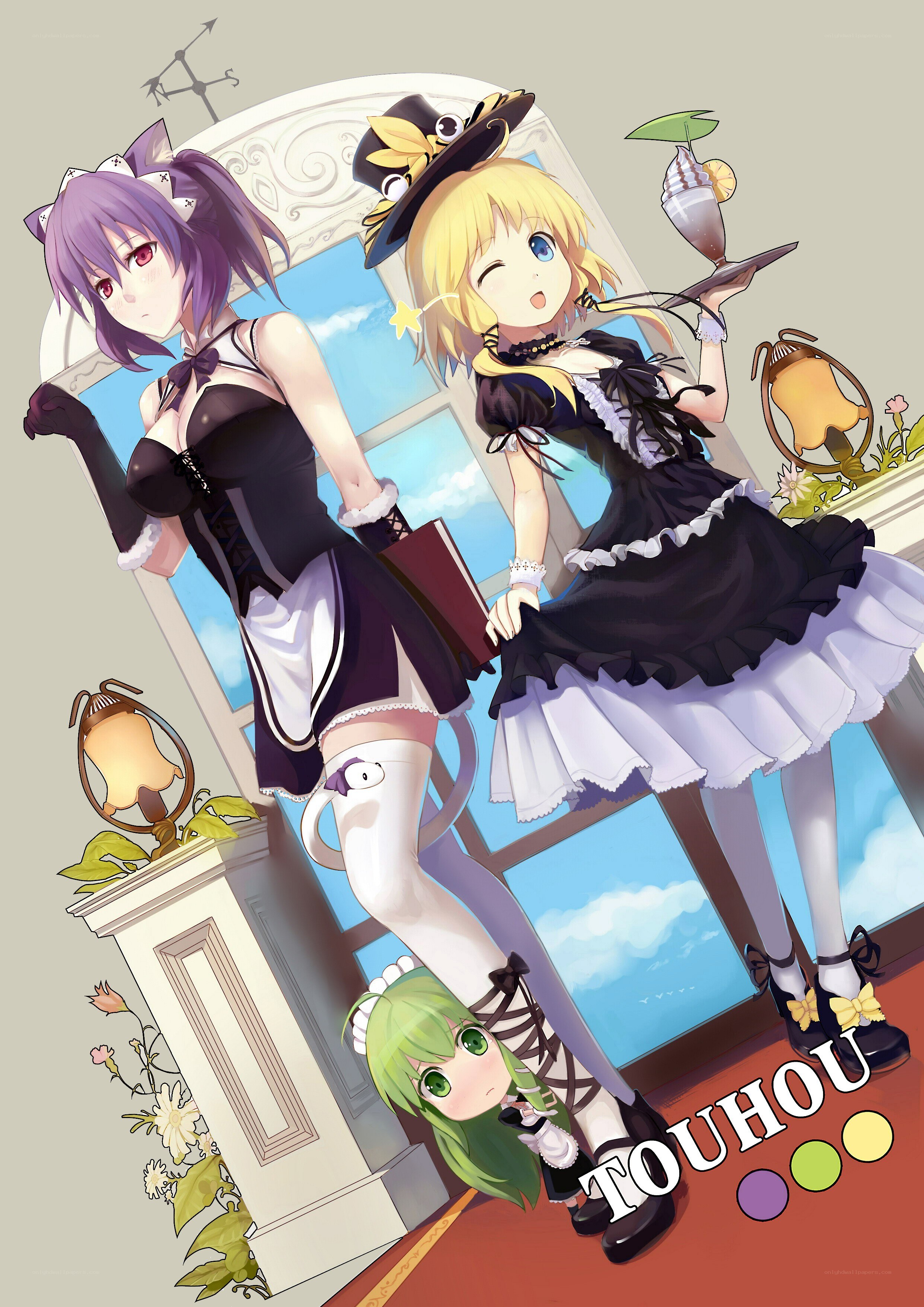 Three anime maids in a cafe