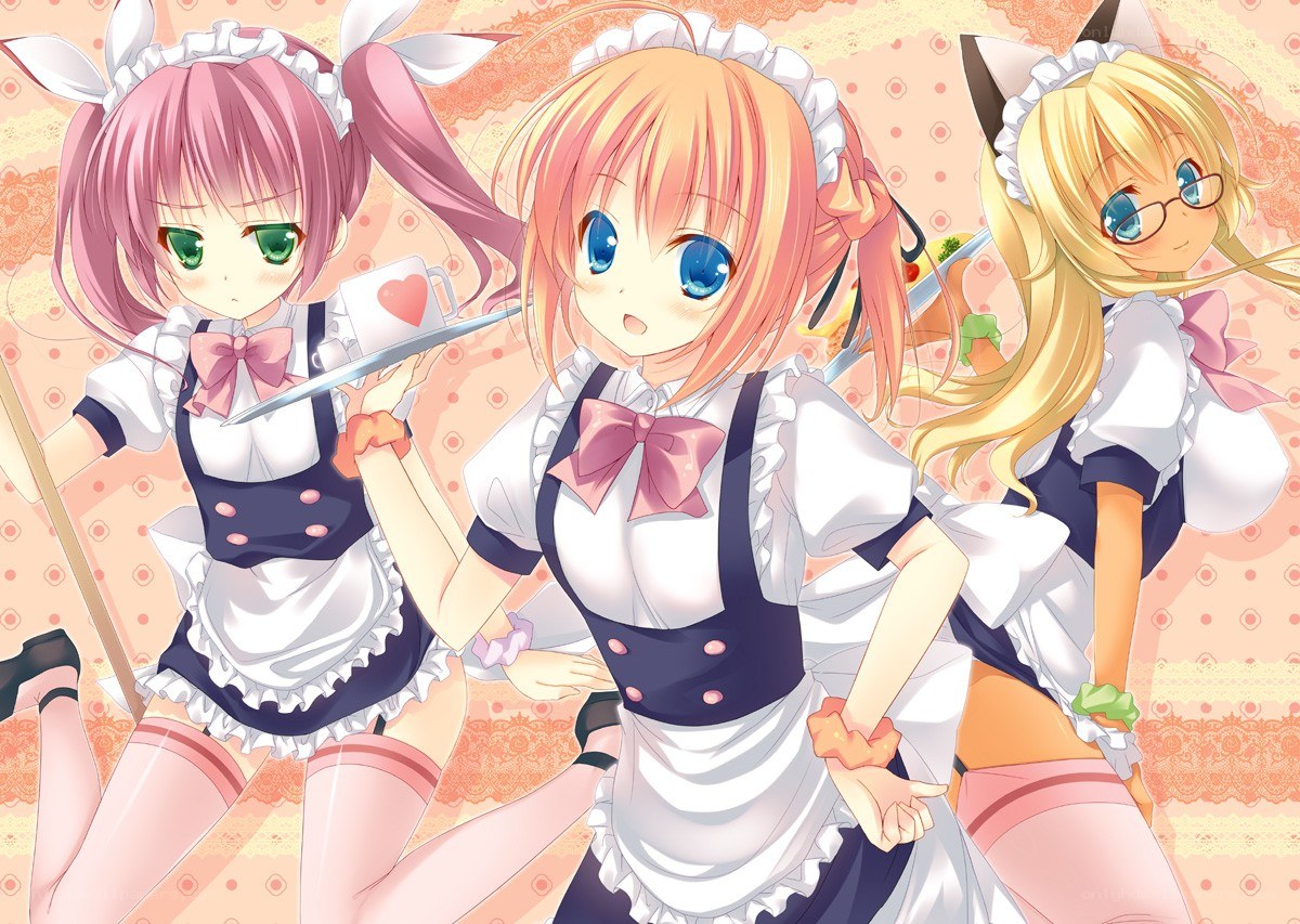 three anime maids in aprons