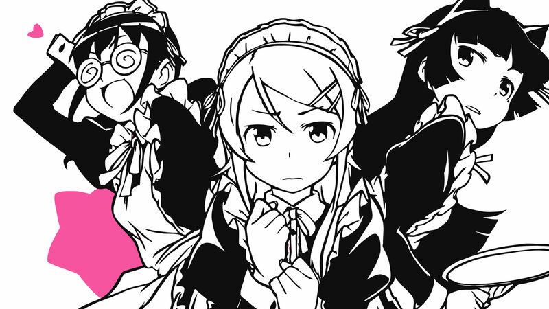 three anime maids in black and white