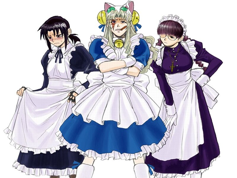 three anime maids in costumes