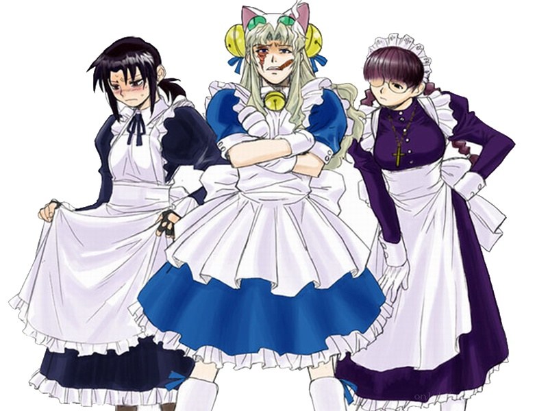 three anime maids in costumes
