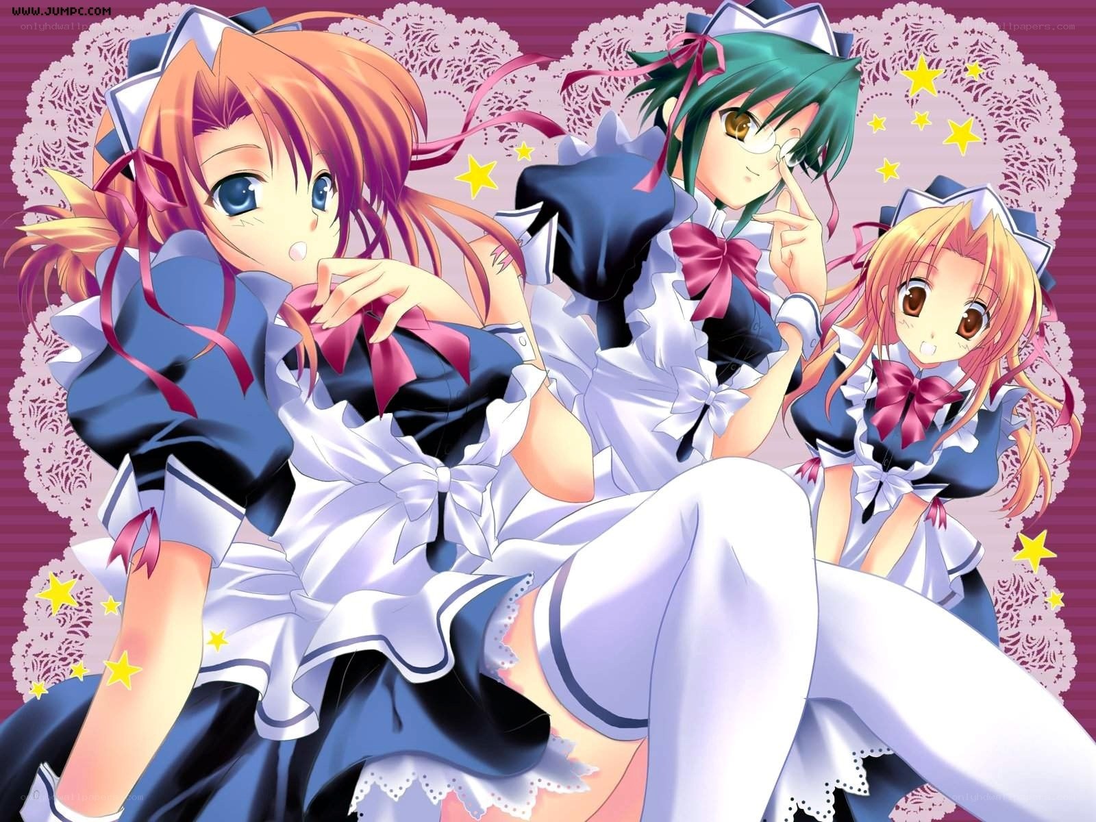 three anime maids in uniform