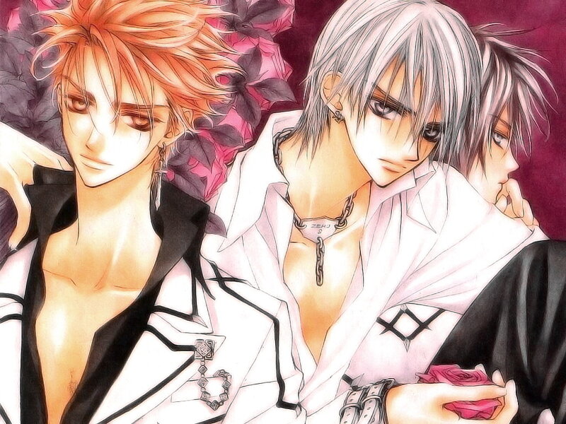 Three anime men with roses