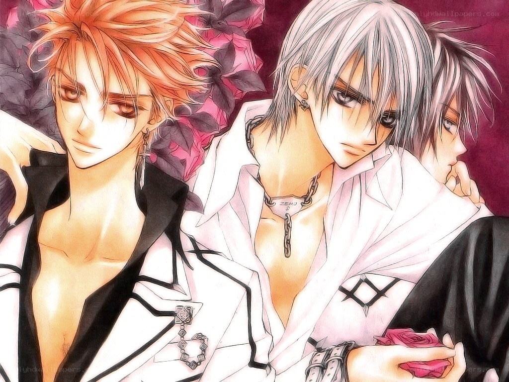 Three anime men with roses