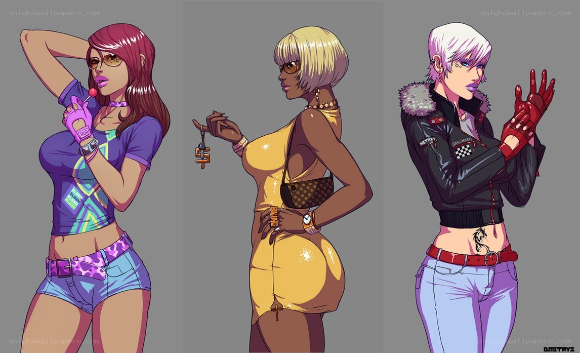 three anime-style women characters