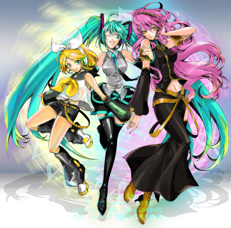 Three anime vocaloid characters