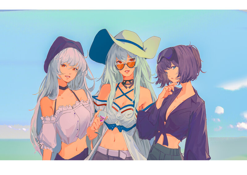 Three Anime Women at Beach