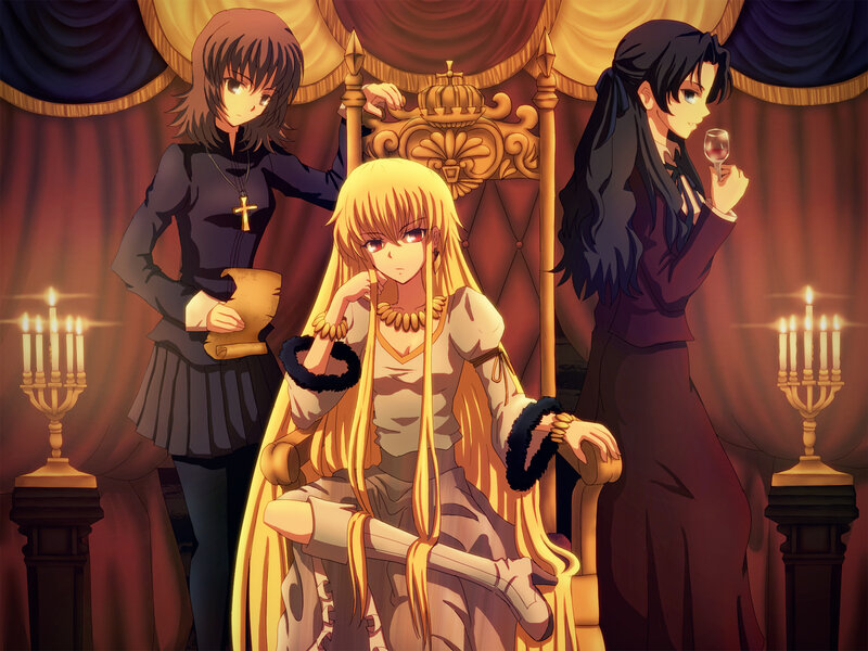 Three Anime Women in a Hall — Gold