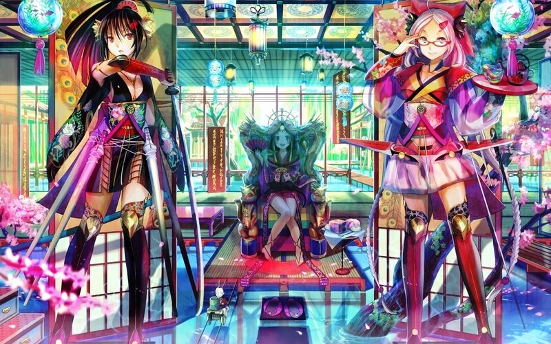 Three Anime Women in a Room — Purple