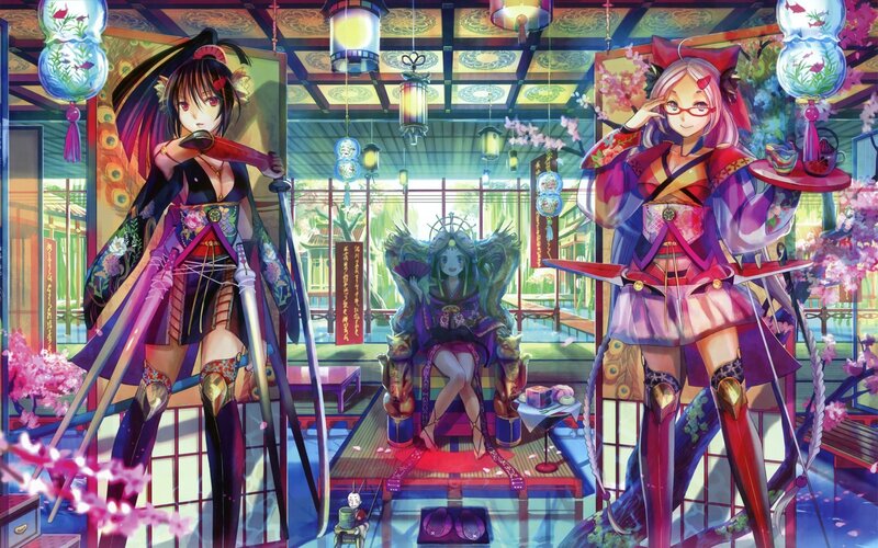 Three anime women in a traditional Japanese room