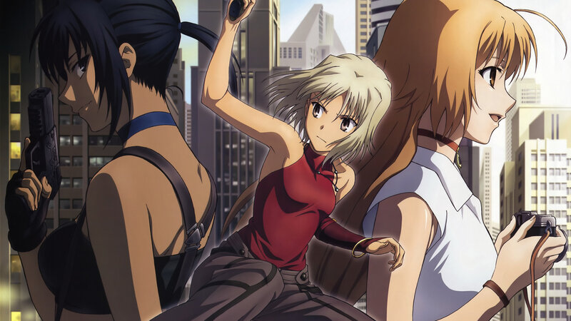 Three anime women in city