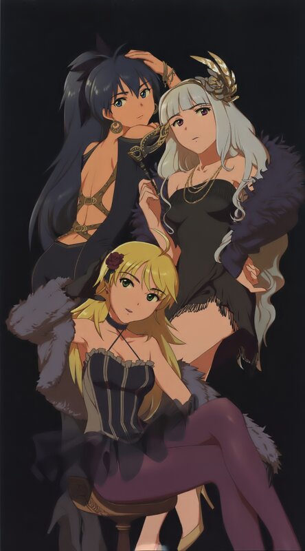 Three anime women in elegant attire
