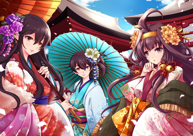 Three Anime Women in Kimonos — Blue