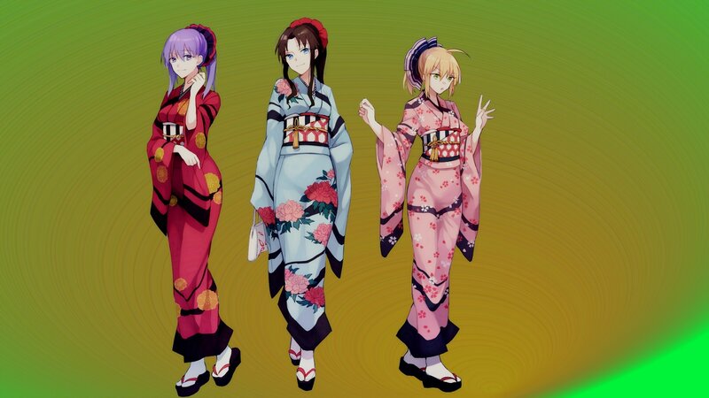 Three Anime Women in Kimonos — Green, Calm