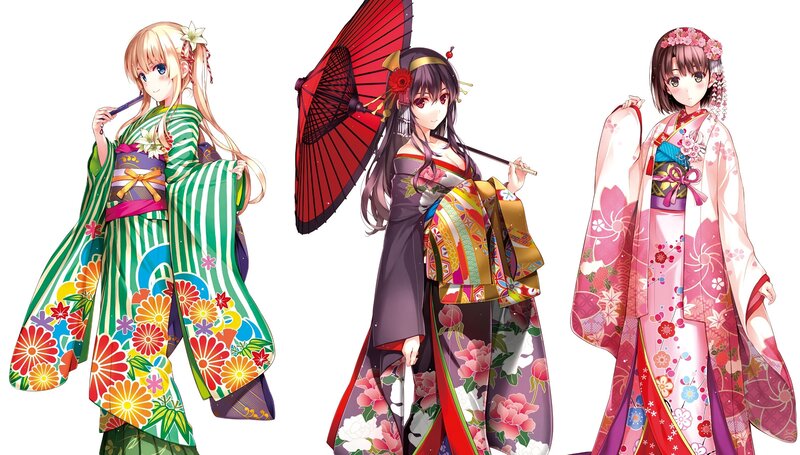 Three Anime Women in Kimonos — Green