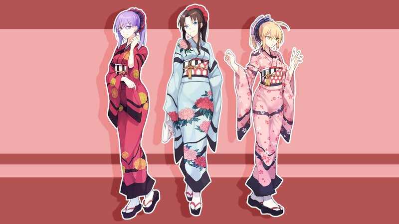 Three Anime Women in Kimonos — Pink, Calm
