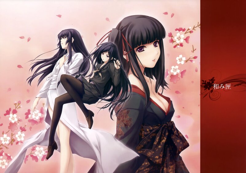 Three anime women in kimonos