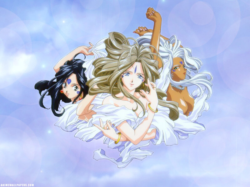 three anime women in white robes