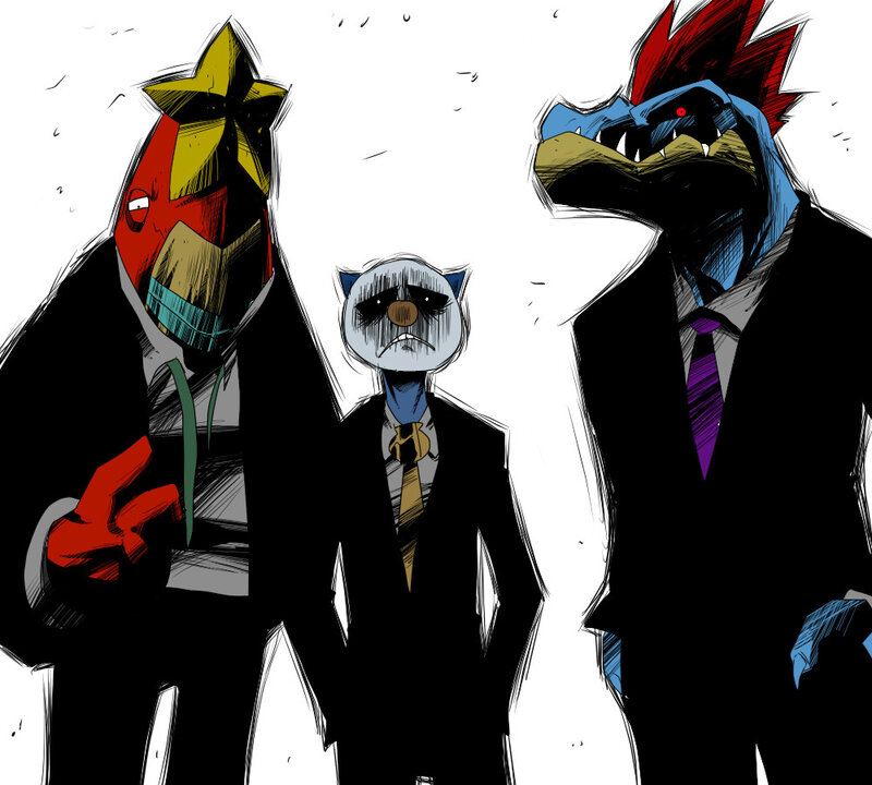 three anthropomorphic characters in suits
